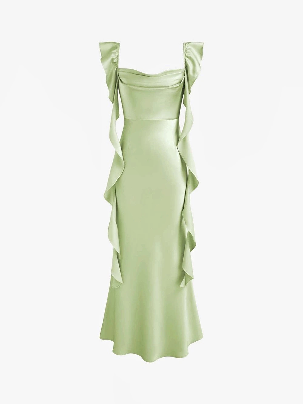 Satin Ruffle Pale green Maxi dress (S)